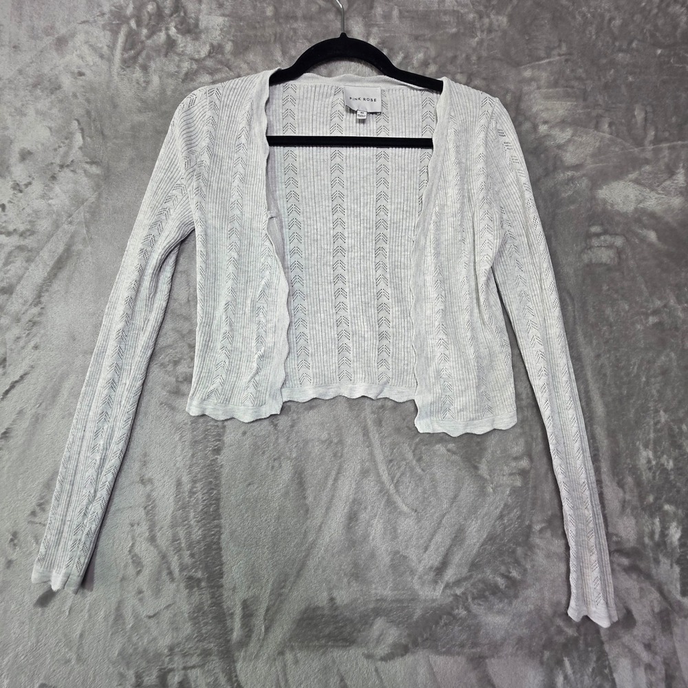 Pink Rose Women Light Blue Pointelle Knit Cropped Open Front Cardigan XS 5T01651